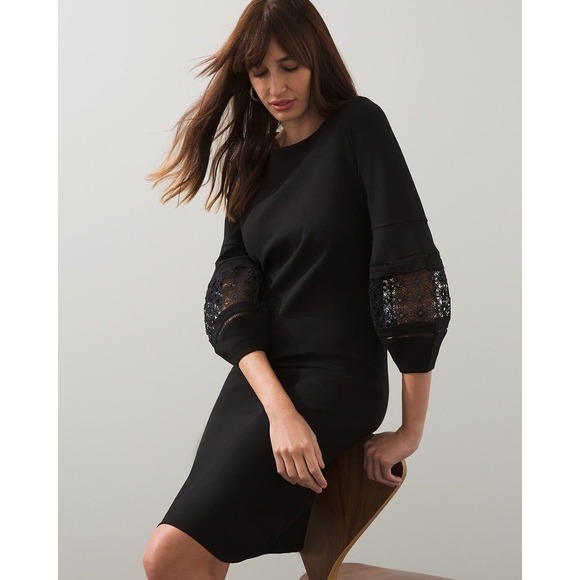Chicos Eyelet Balloon Sleeve Ponte Dress black dress size 0 us sz 4 - Picture 3 of 8